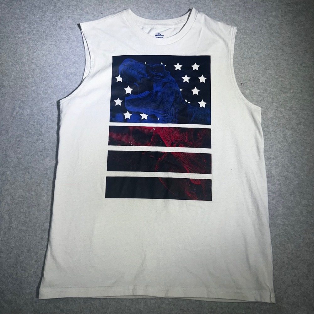 Way to Celebrate Kids Patriotic T-Rex American Flag Muscle Tee Cream XL 14-16